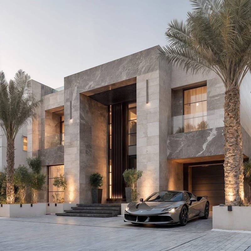 Grey-stone luxury mansion with warm entry lighting at dusk