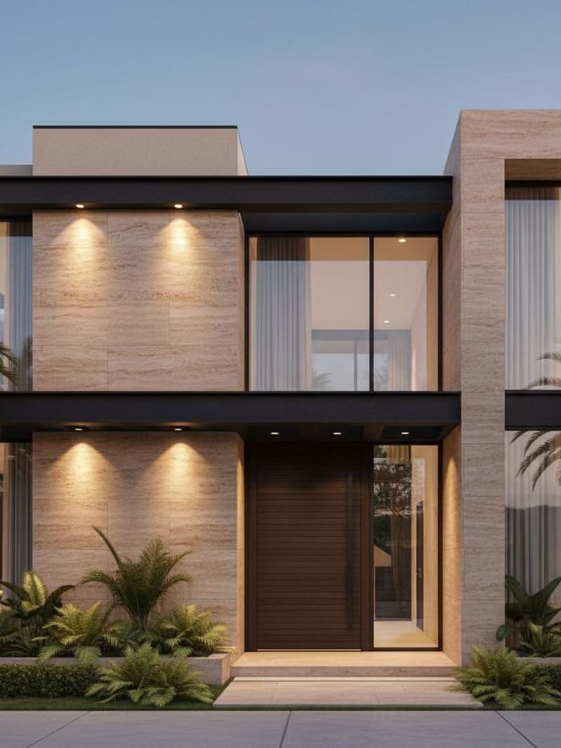 Travertine-clad modern villa façade with warm uplighting at dusk